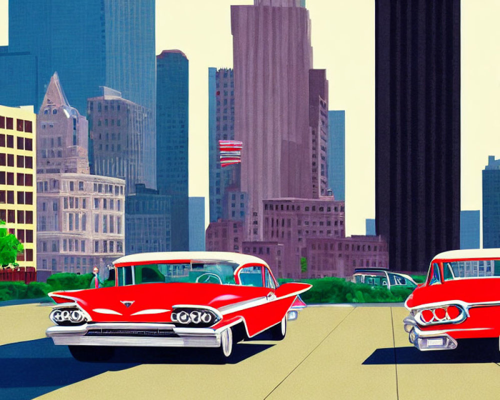 Vibrant vintage red cars in city street scene with skyscrapers and American flag