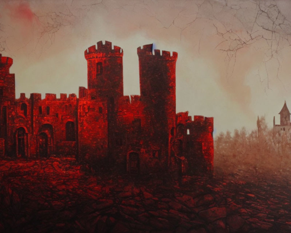 Ominous reddish-brown sky over medieval castle in desolate landscape