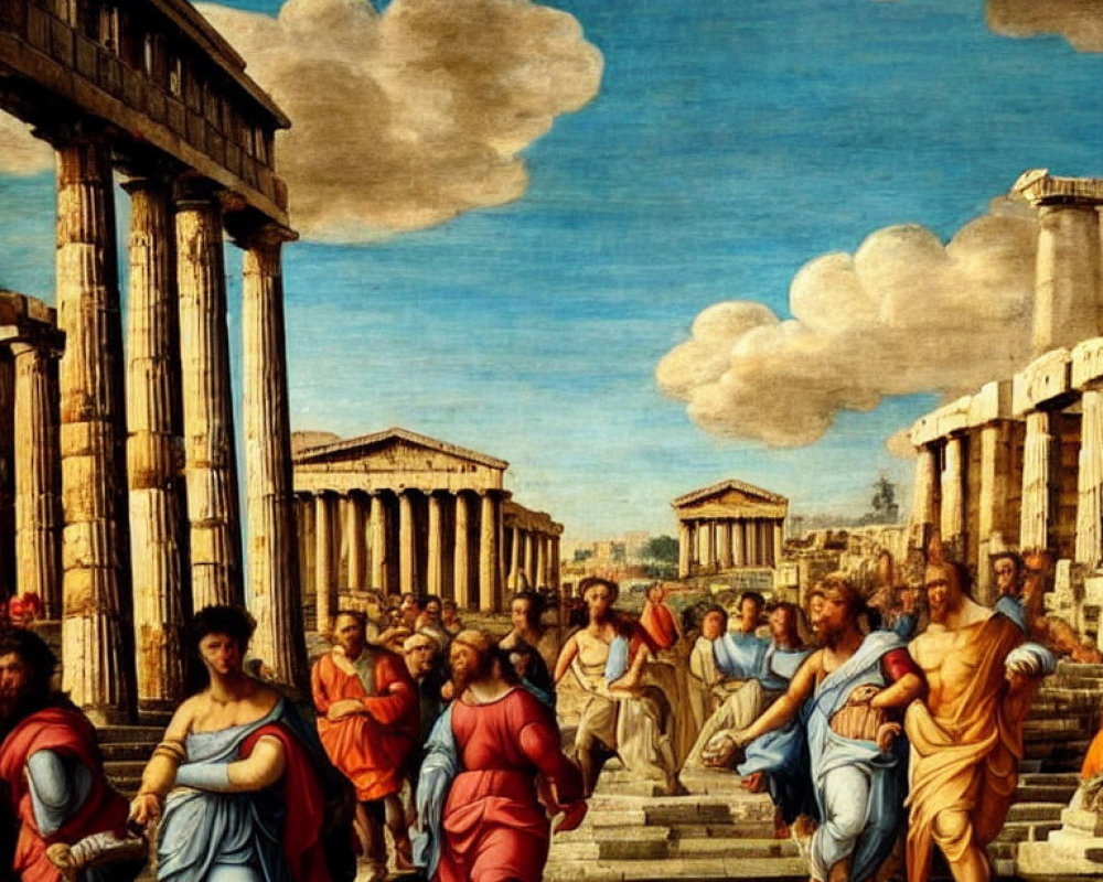 Ancient Greek-themed classical painting with robed figures and temples.