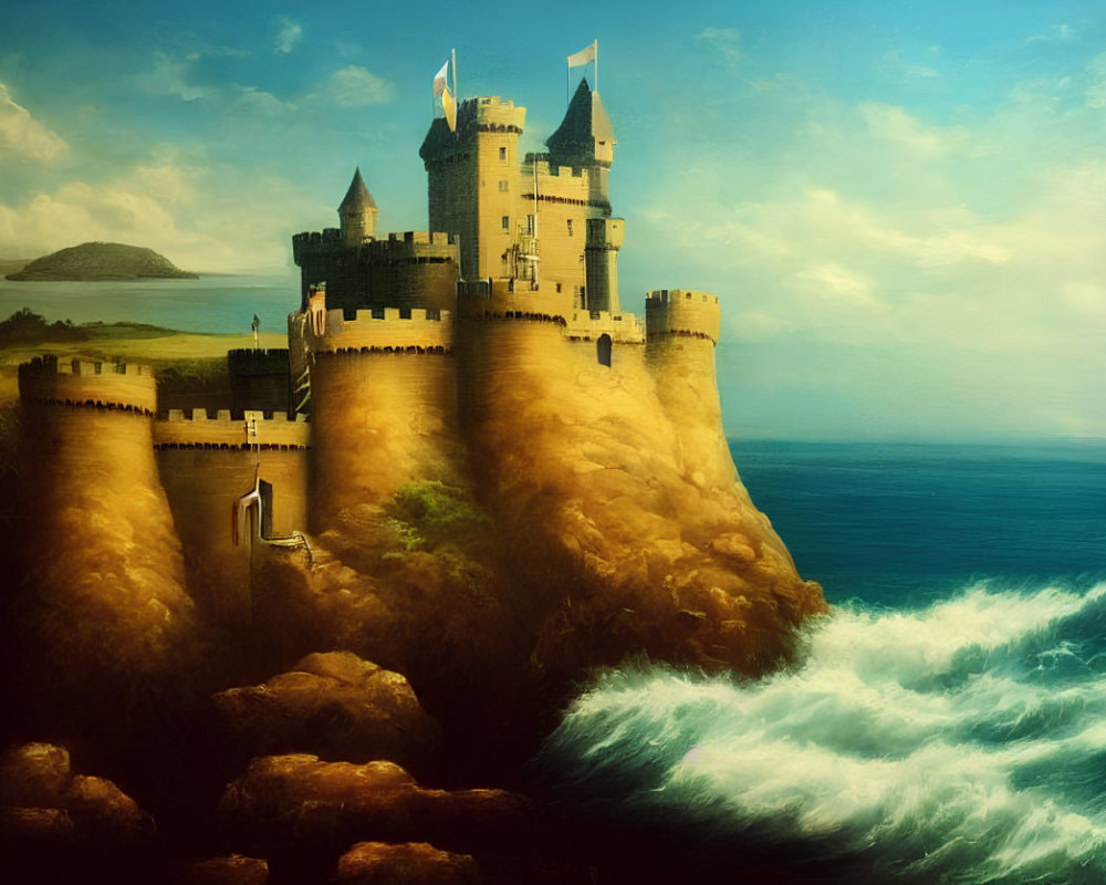 Majestic castle on cliff with crashing waves and tranquil sea