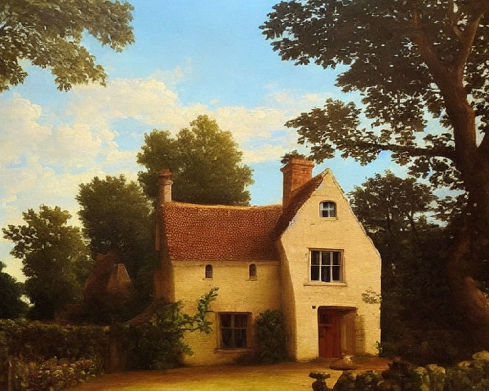 Tranquil landscape painting of a cottage in lush surroundings