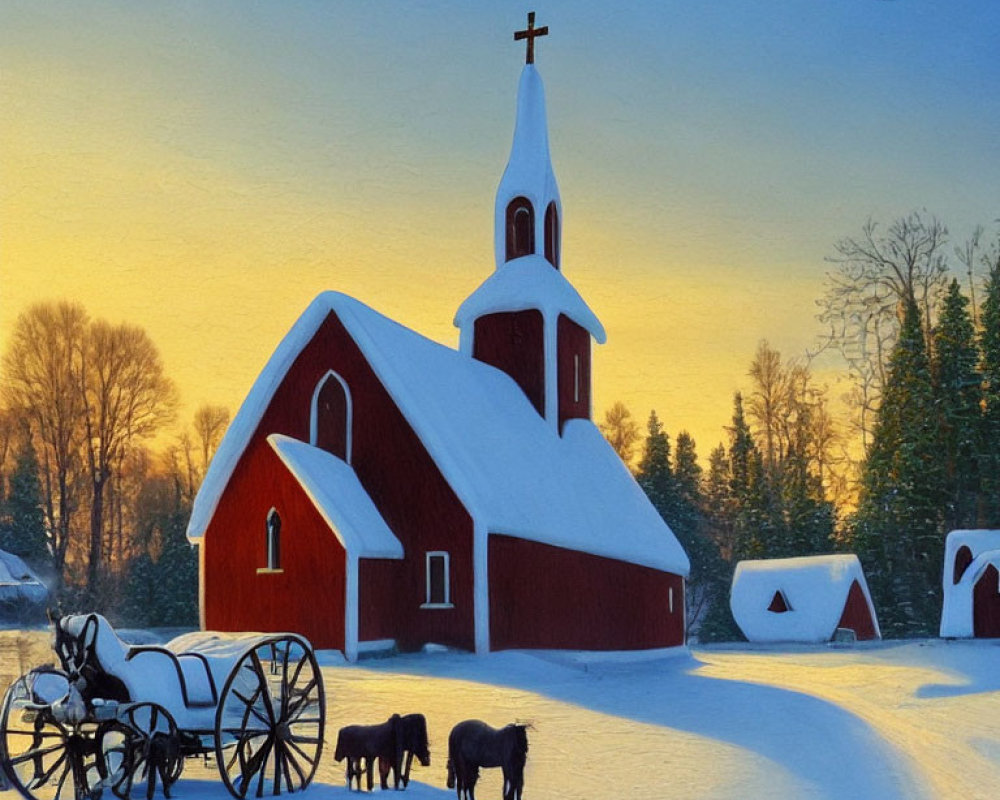 Winter sunset with red church, horse-drawn carriage, and horses.