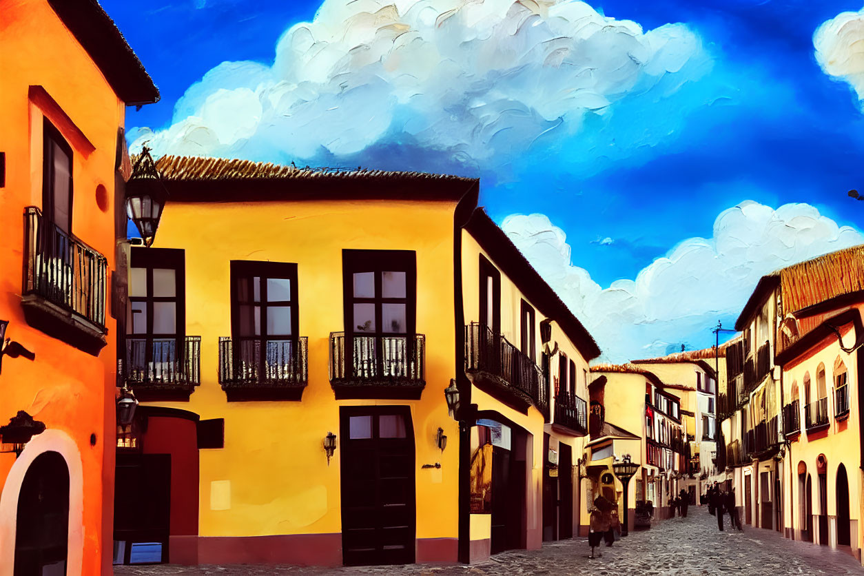 Colorful street scene with traditional architecture and lone figure walking under blue sky