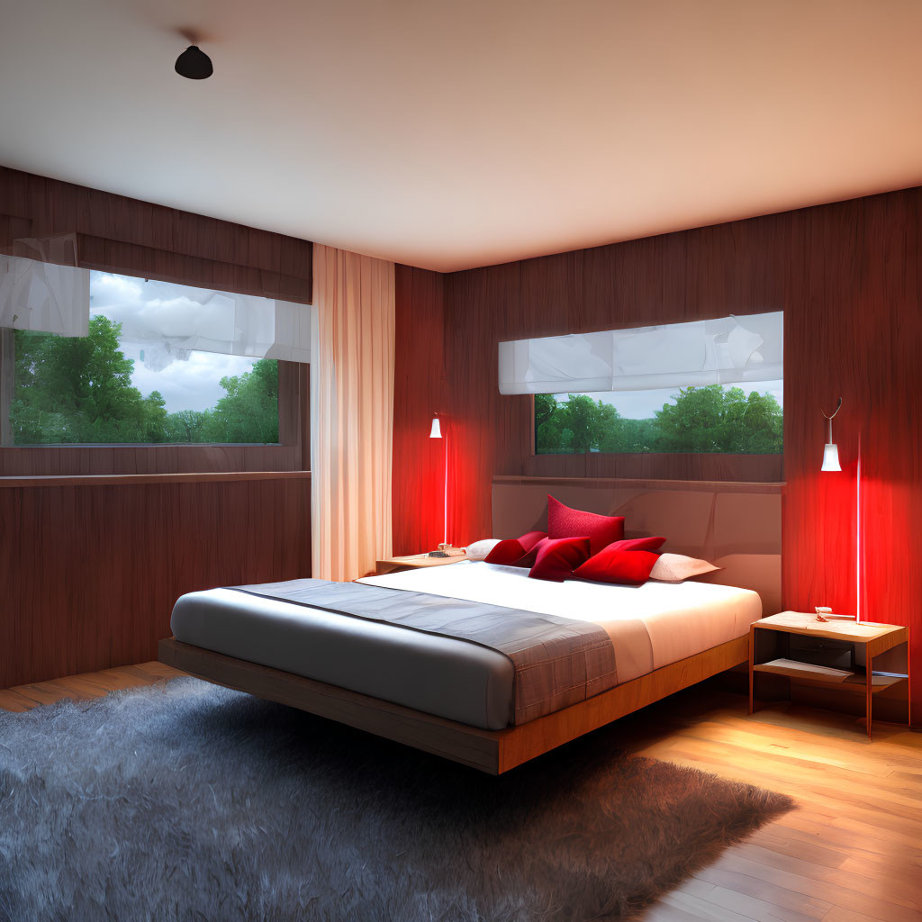 Spacious modern bedroom with large bed, red pillows, wooden walls, grey rug, side table,