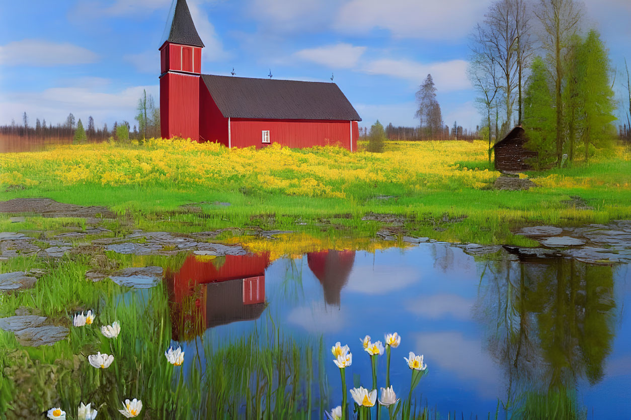 Scenic red wooden church with steeple, yellow wildflowers, clear pond, and blue sky