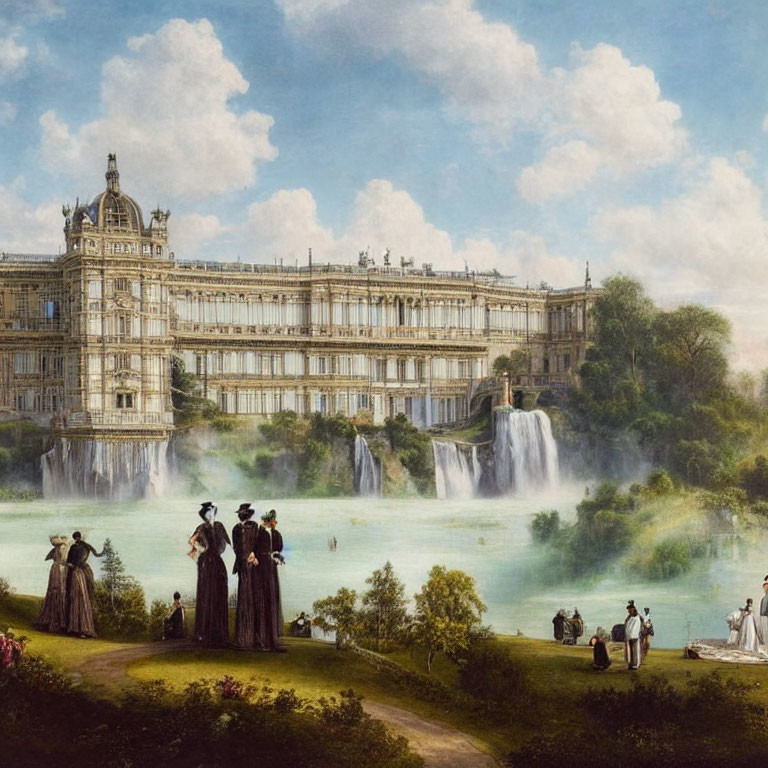 Victorian Garden Scene with Waterfalls and Palace