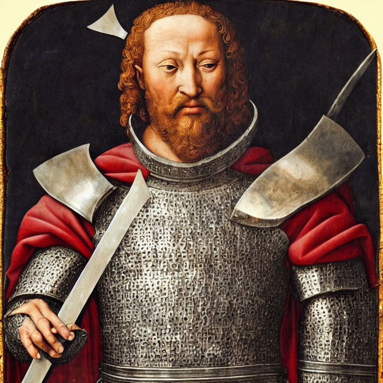 Medieval Knight Portrait in Armor with Red Garment Holding Sword