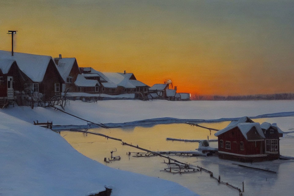 Snow-covered Winter Sunset Scene with Houses, Frozen Lake, and Orange Sky