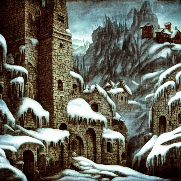 Snowy medieval fortress nestled among craggy mountains