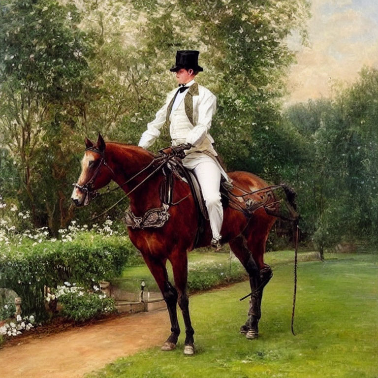 Traditional Equestrian Attire Riding Chestnut Horse in Blooming Garden