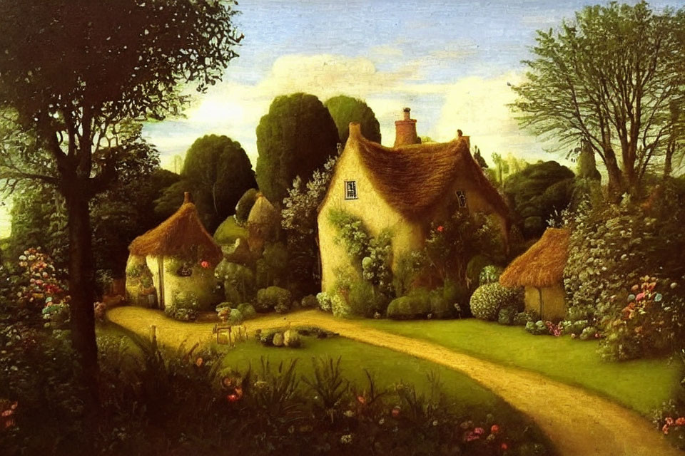 Tranquil oil painting of pastoral scene with thatched-roof cottages