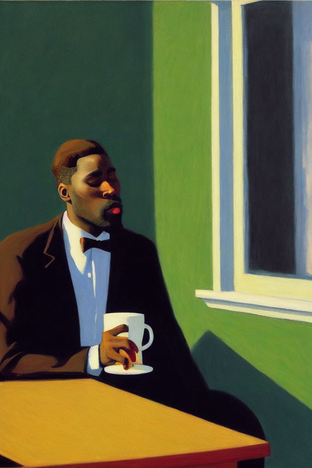 Pensive man in suit with cup at table by bright window