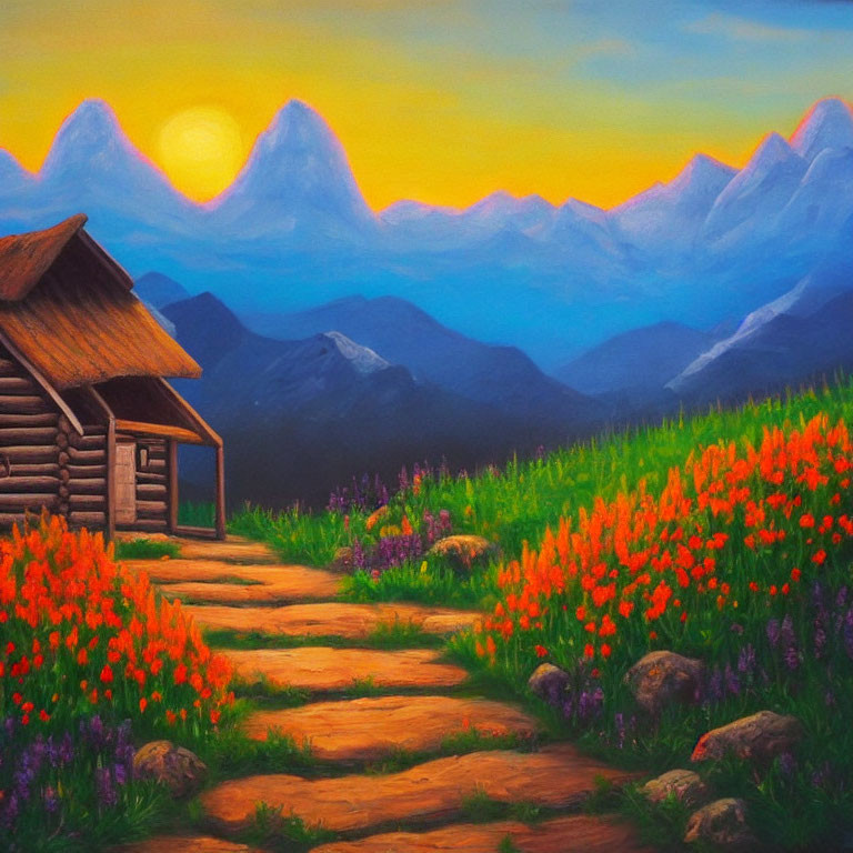 Scenic painting of rustic cabin in flower meadow with mountains