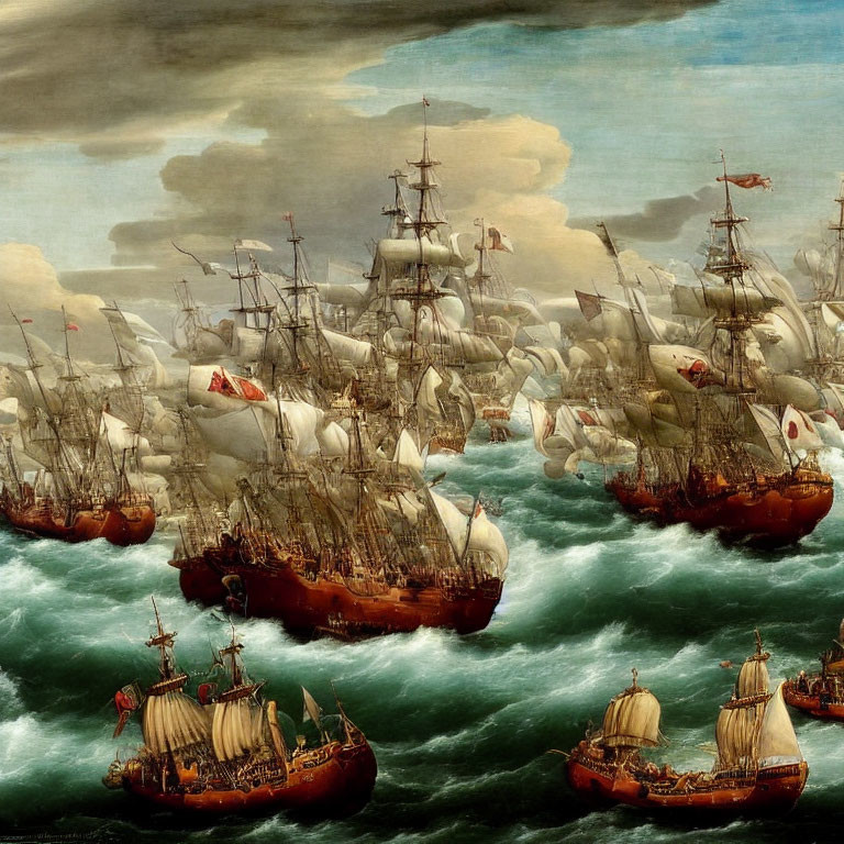 Historical naval battle scene with sailing ships in combat on stormy seas