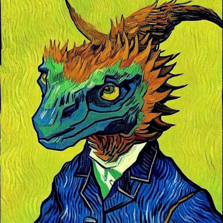 Stylized portrait with dragon-like head in Van Gogh style