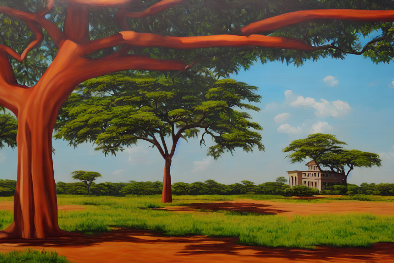 Serene landscape painting with red-trunked tree, classical house, blue sky