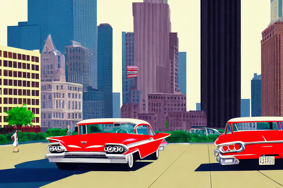 Vibrant vintage red cars in city street scene with skyscrapers and American flag