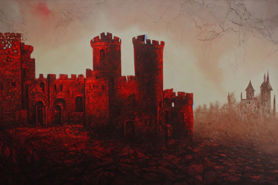 Ominous reddish-brown sky over medieval castle in desolate landscape