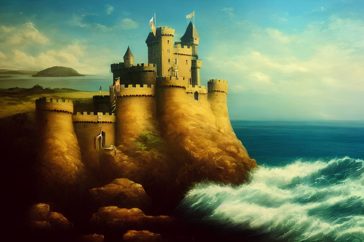 Majestic castle on cliff with crashing waves and tranquil sea