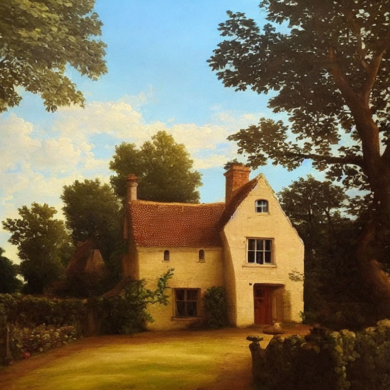 Tranquil landscape painting of a cottage in lush surroundings