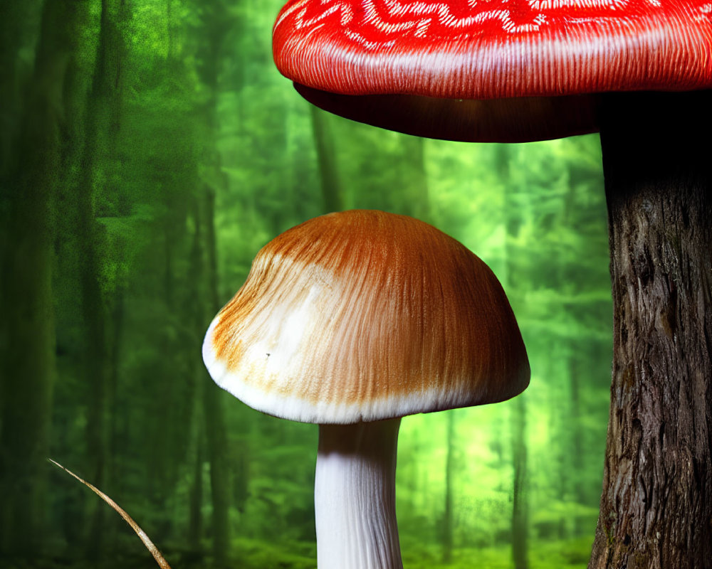 Red-Capped Mushroom Towering Over Smaller Brown Mushroom in Lush Forest