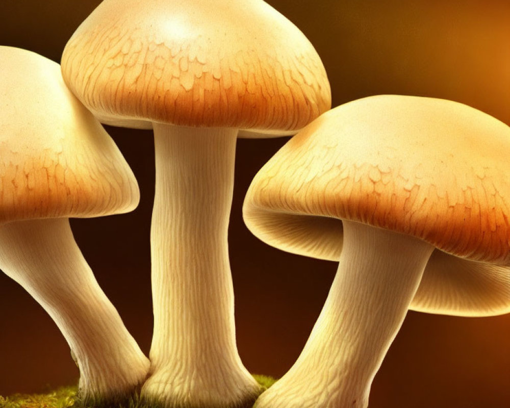 Detailed Close-Up Illustration of Four Tan Mushrooms on Warm Background