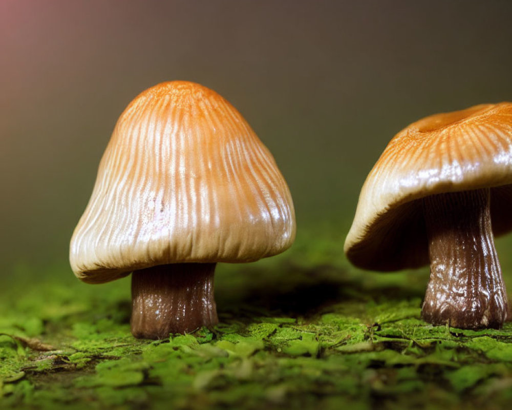 Vibrant orange mushrooms on green moss with blurred background