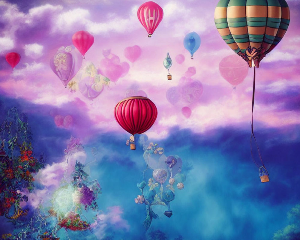 Colorful hot air balloons in dreamy sky with heart shapes and intricate designs