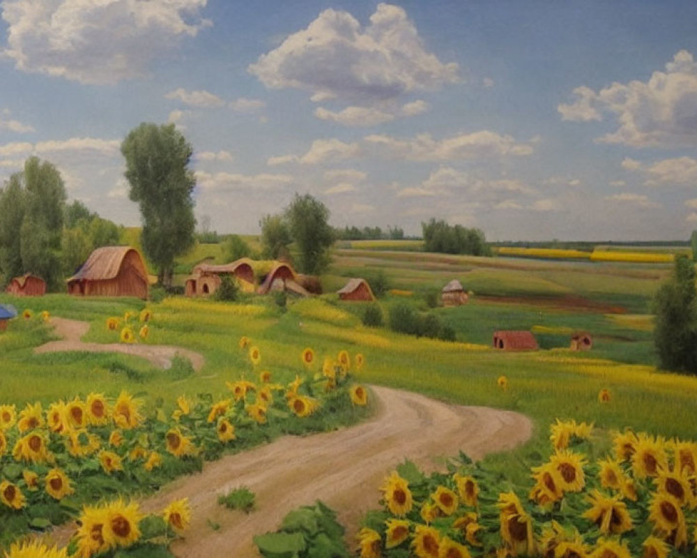 Tranquil landscape with sunflowers, cottages, trees, and vibrant sky