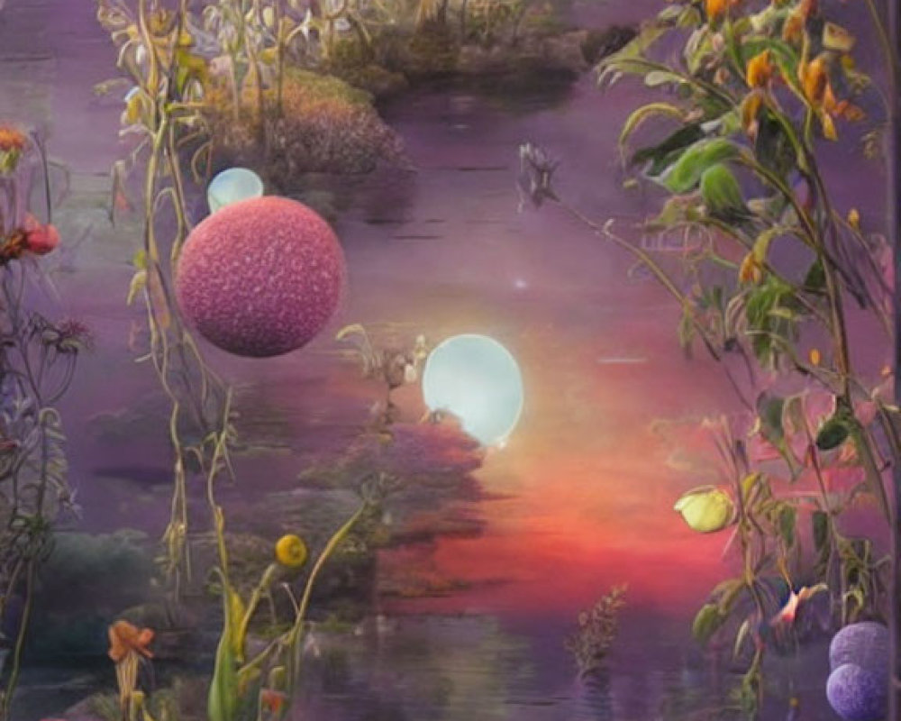 Surreal sunset landscape with pink orbs, vibrant flowers, reflective water, and distant castle.