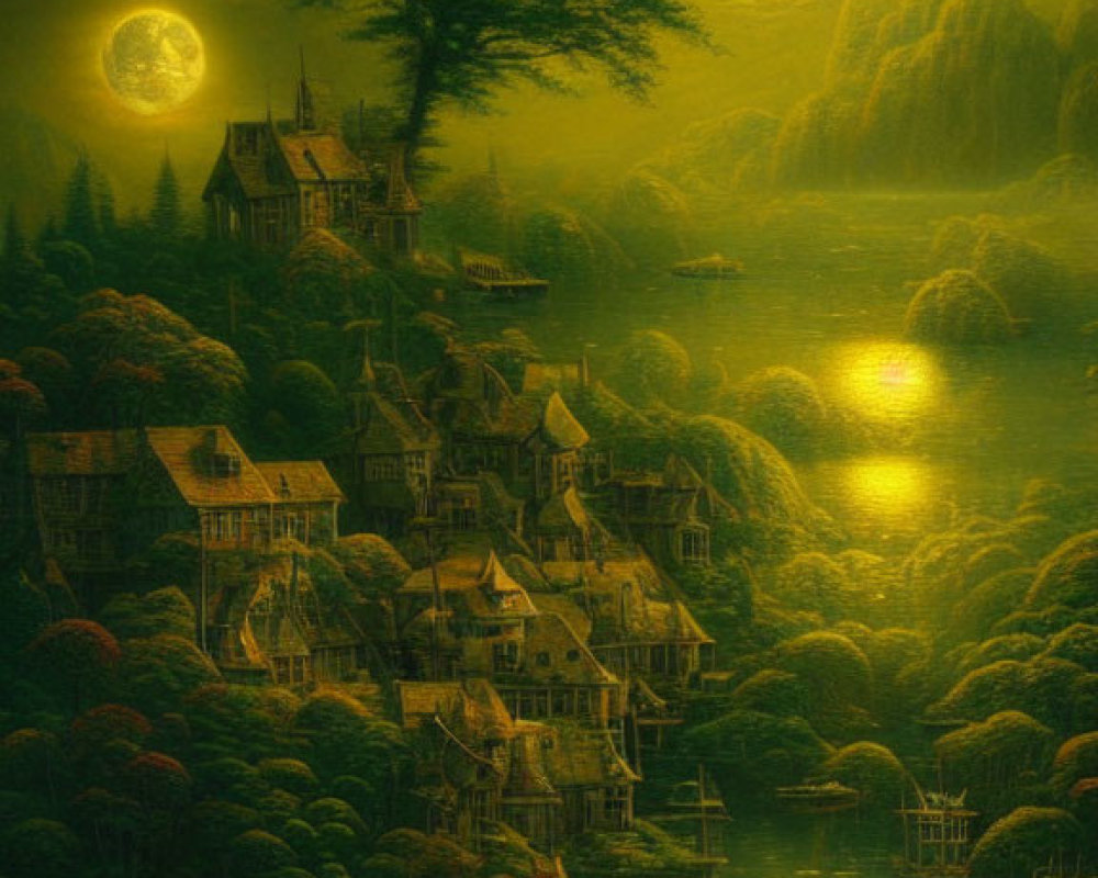 Moonlit Treehouses in Mystical Night Landscape