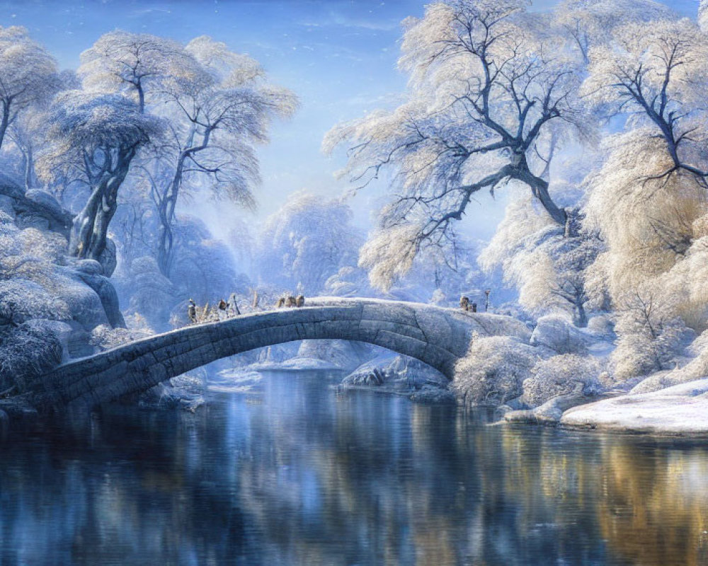 Tranquil winter scene: arched bridge over snowy river with people