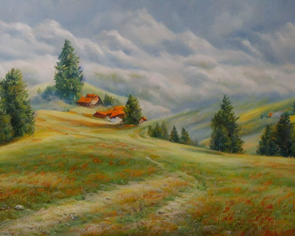 Tranquil landscape painting of hilly meadow with houses and pine trees