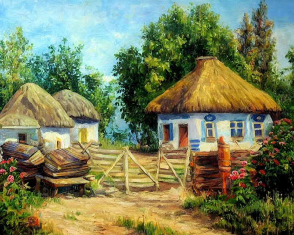 Traditional Thatched-Roof Cottages in Pastoral Oil Painting