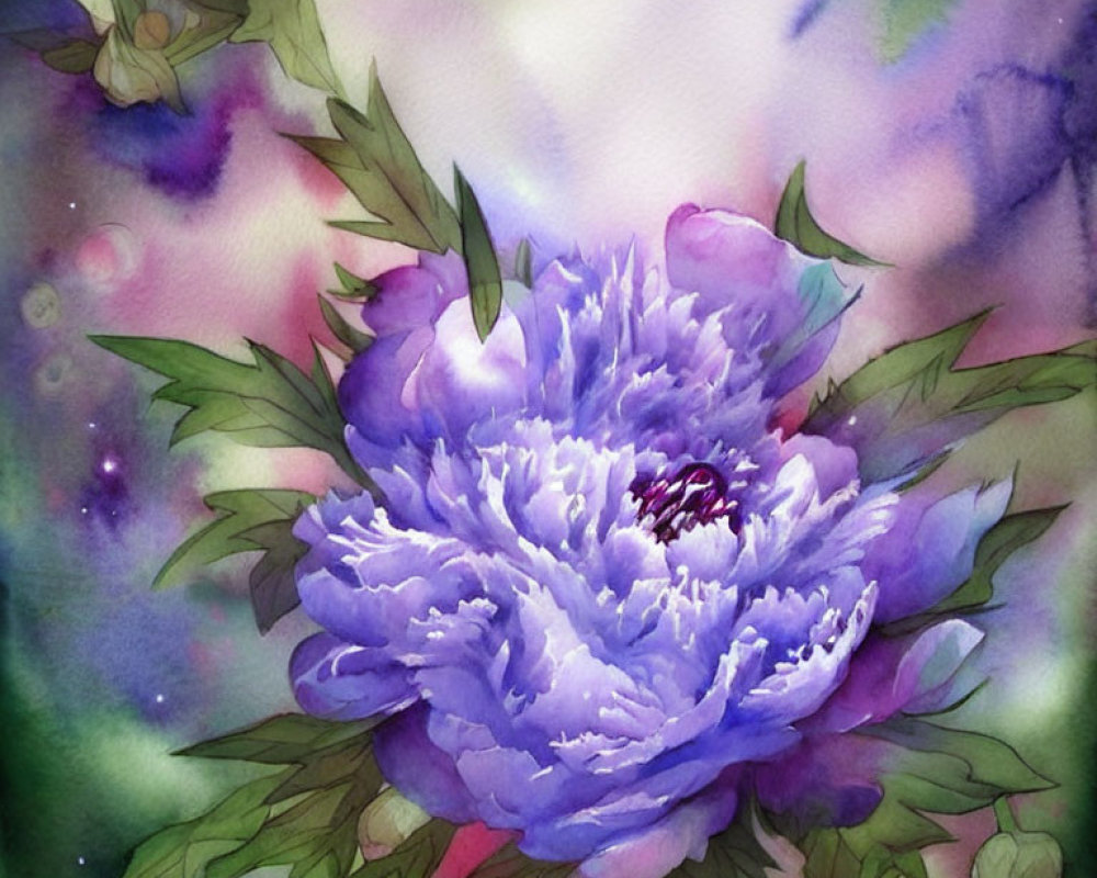 Purple Peony Watercolor Painting with Green Leaves and Dreamy Background