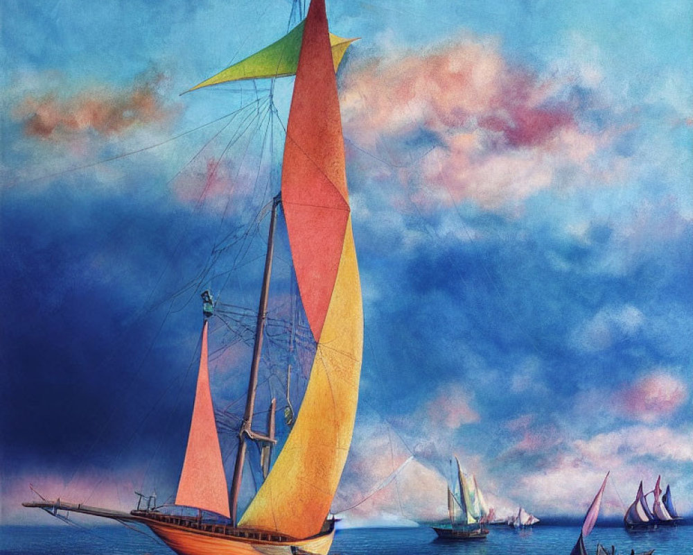 Colorful Sailboat Painting on Serene Ocean with Sky and Other Vessels