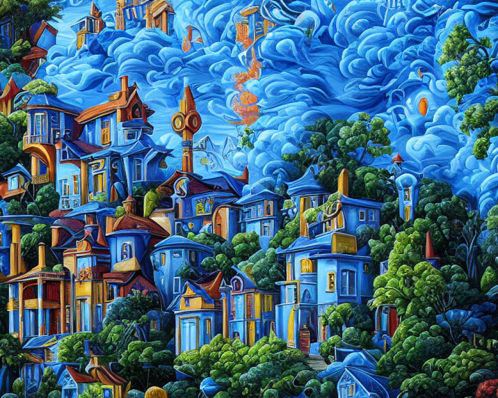 Colorful surreal painting of whimsical hillside town with vibrant houses and exaggerated clouds.