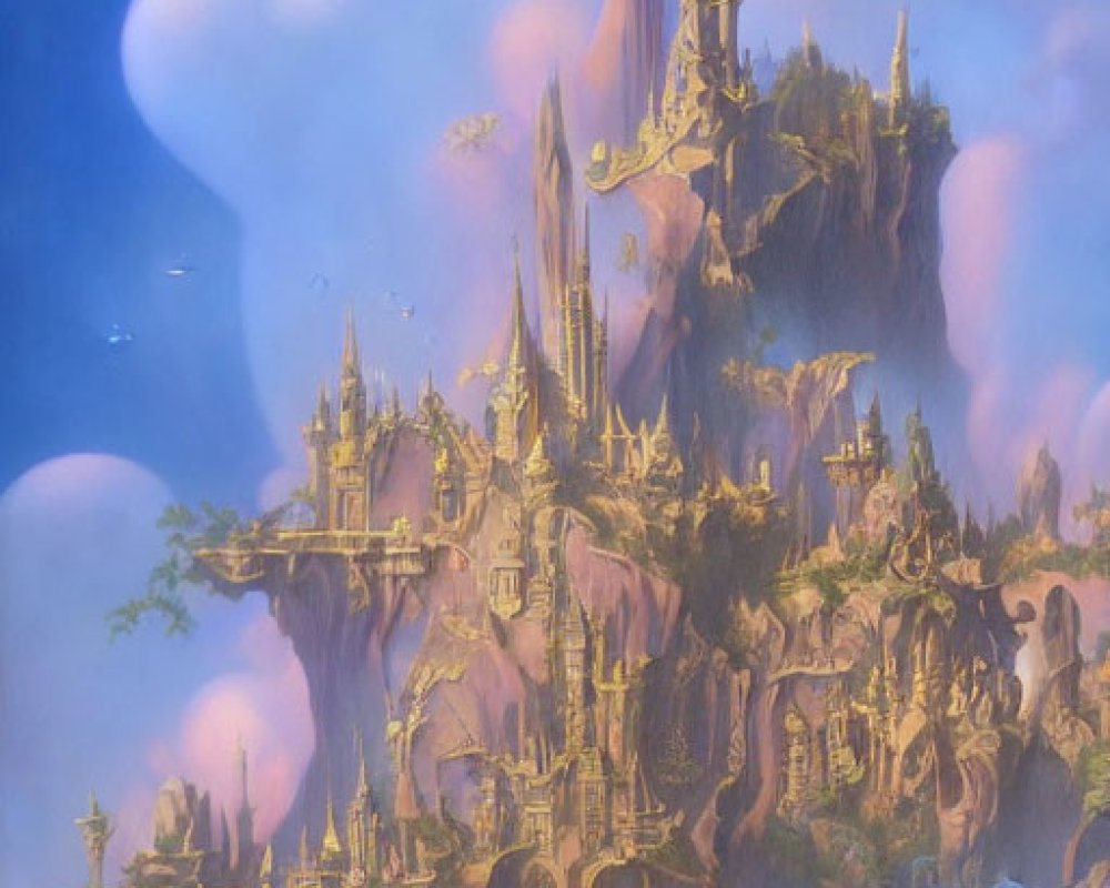 Fantastical castle on cloud-covered cliffs with towering spire