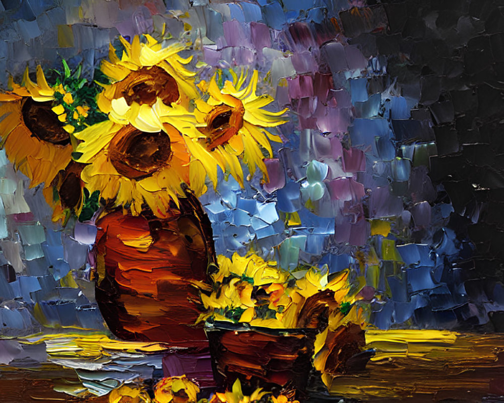 Colorful oil painting of sunflowers in brown vase with bold brushstrokes