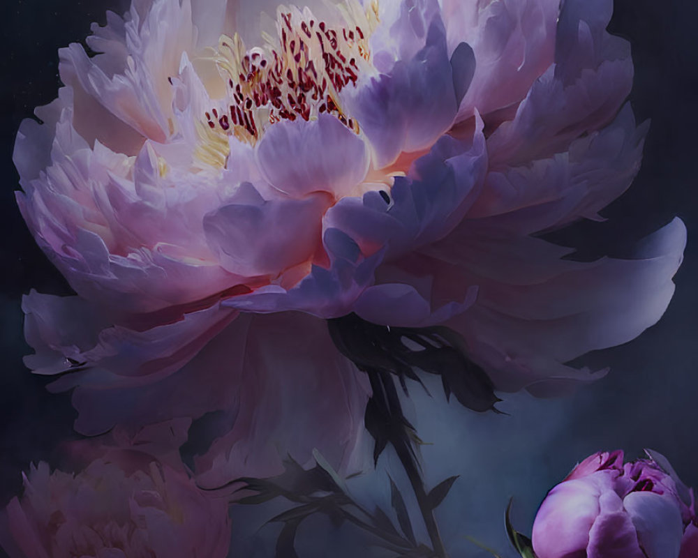 Radiant peony digital art with cosmic background and prominent bloom