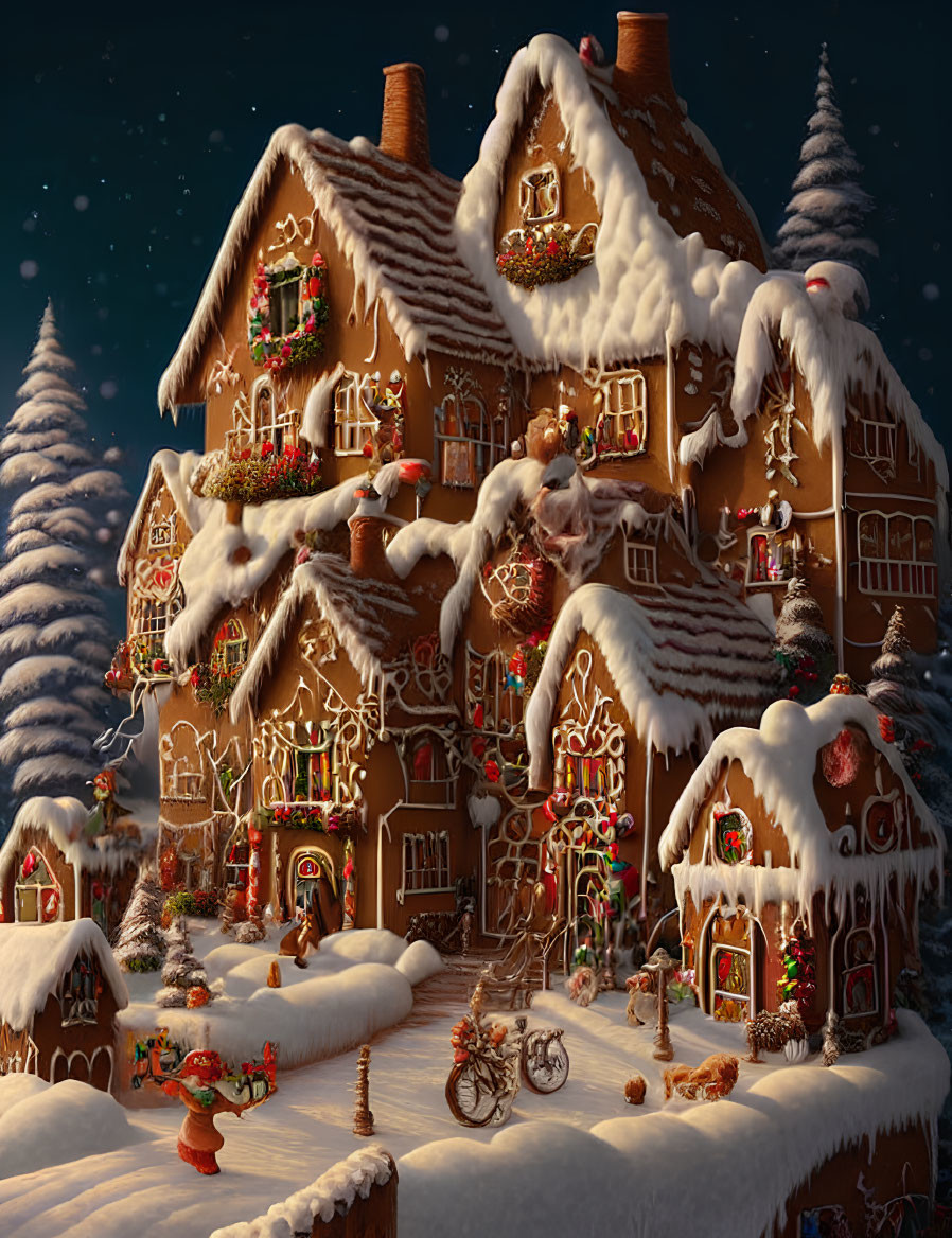 Decorated Snow-Covered Gingerbread House in Festive Winter Scene