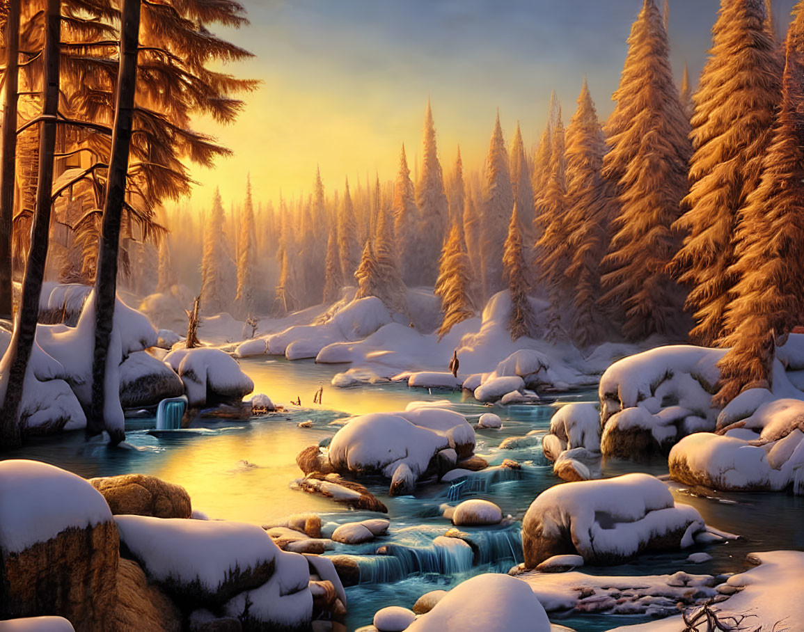 Winter river landscape with snow-covered rocks and pine trees in golden light