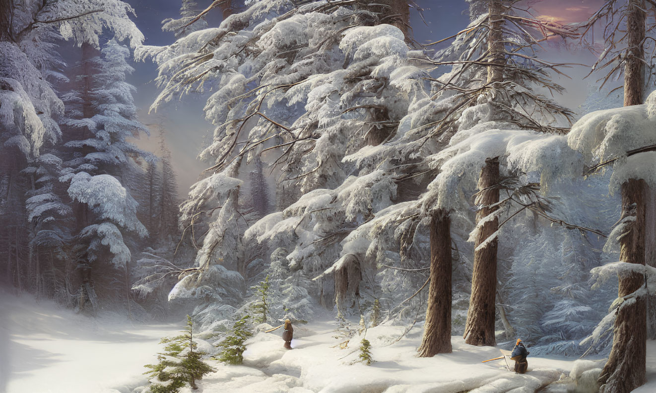 Snow-covered pine trees in tranquil winter forest scene with sunlight glow and small figures trekking.