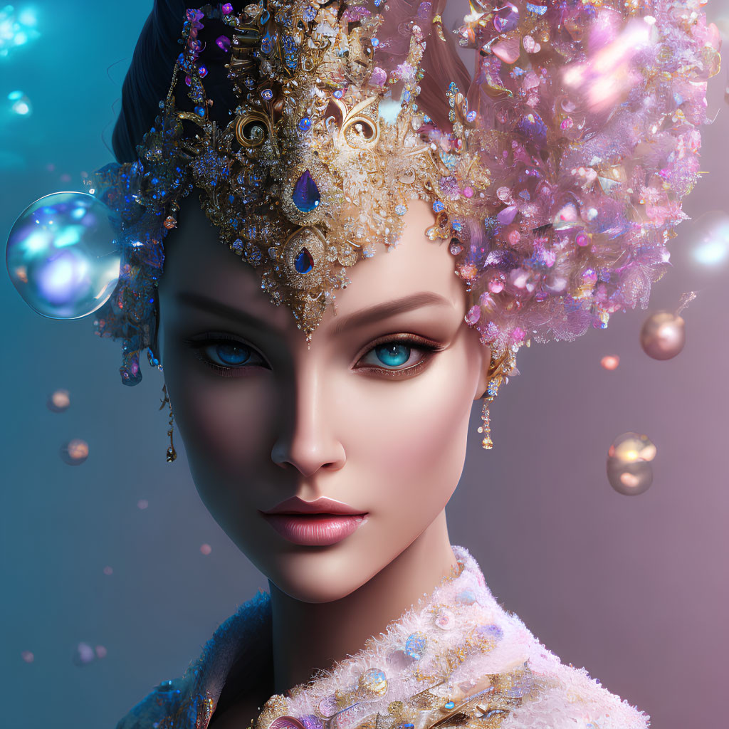 Fantastical portrait of female character with blue eyes and jewel-encrusted headpiece.