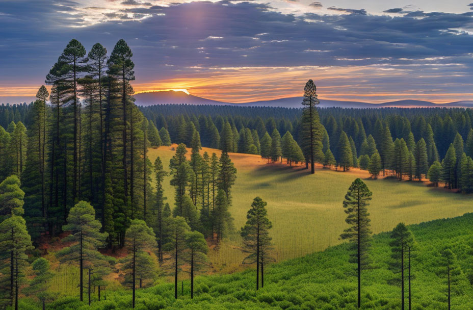 Sunlit forest with tall pine trees and green meadow at sunrise