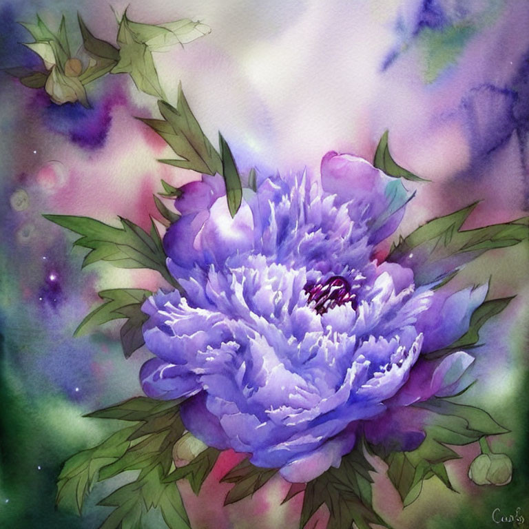 Purple Peony Watercolor Painting with Green Leaves and Dreamy Background