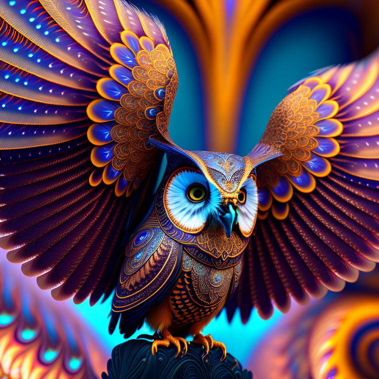 Colorful Owl Digital Artwork with Detailed Feathers and Blue Eyes