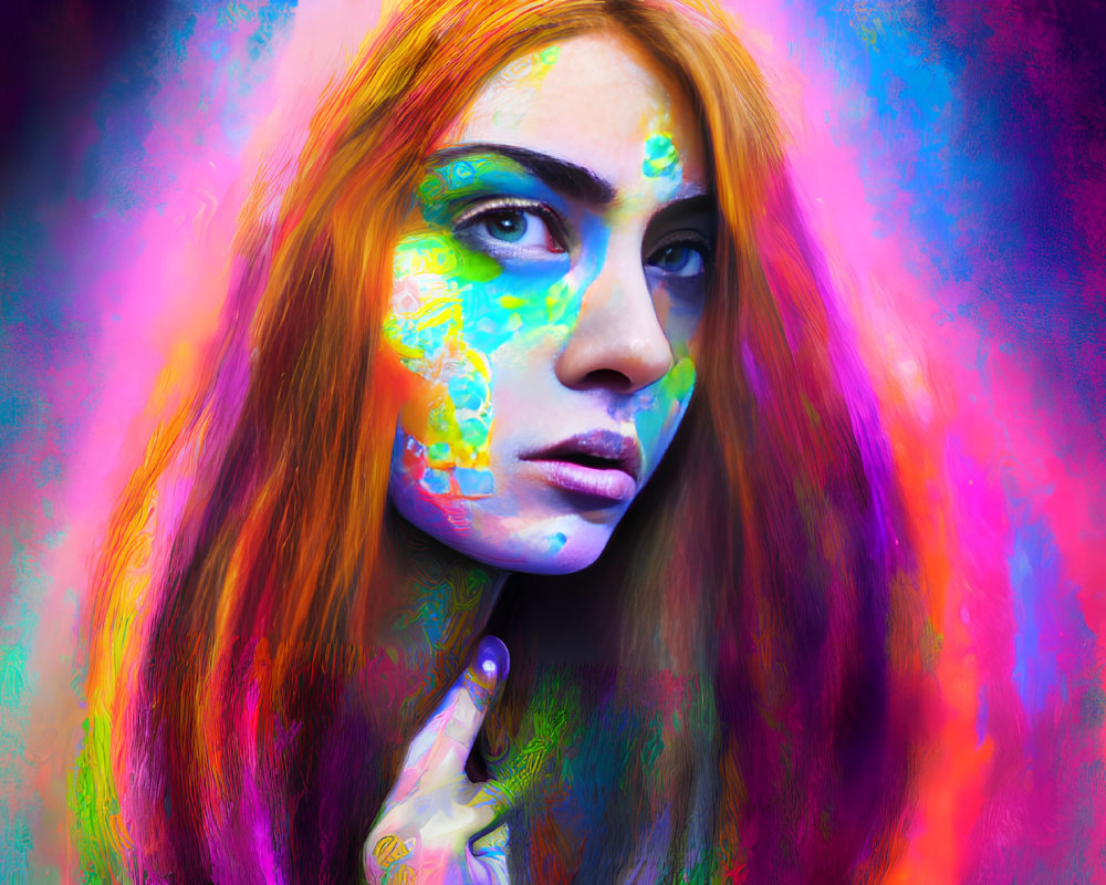 Vibrantly painted woman against colorful abstract background