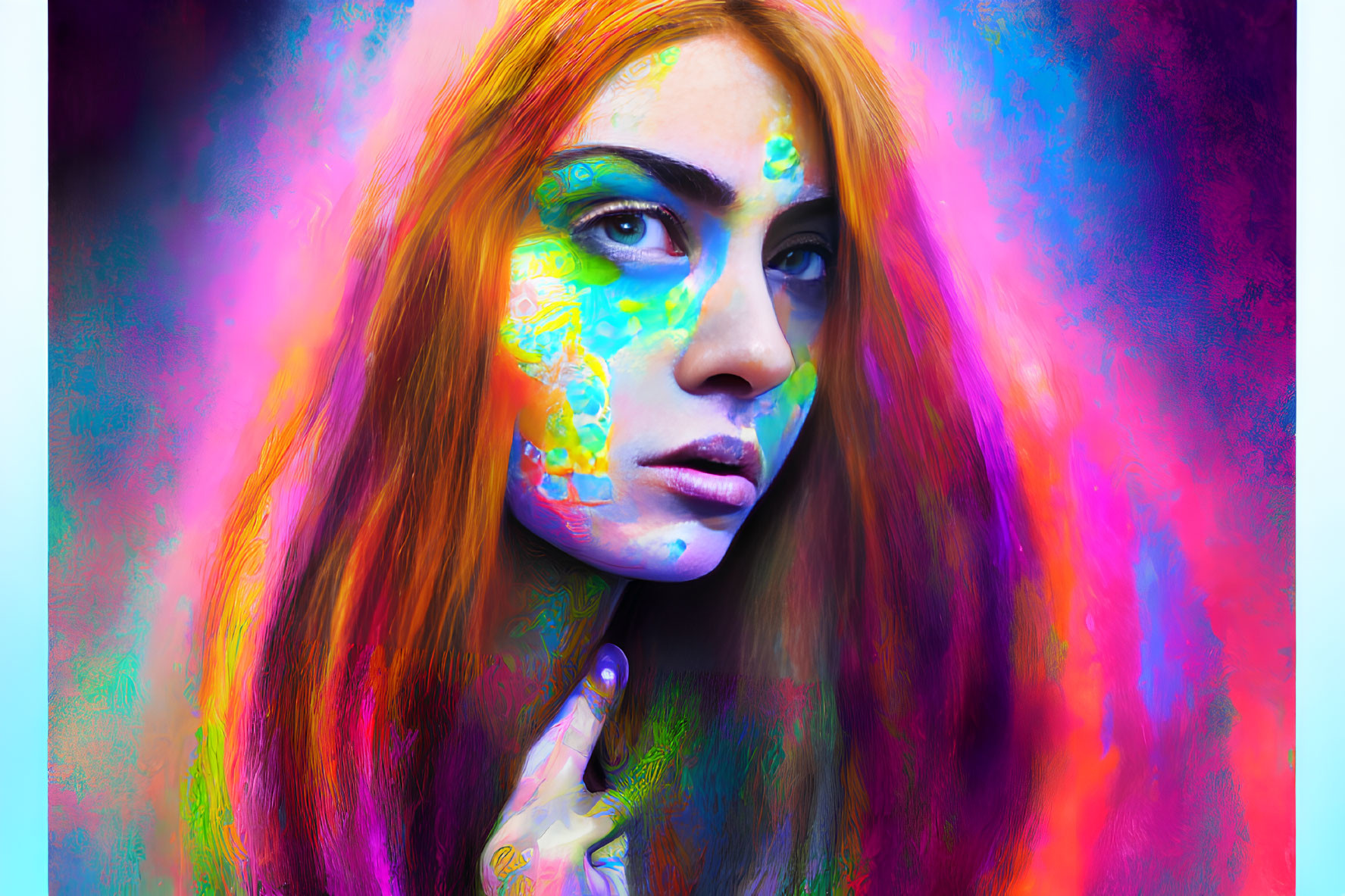 Vibrantly painted woman against colorful abstract background