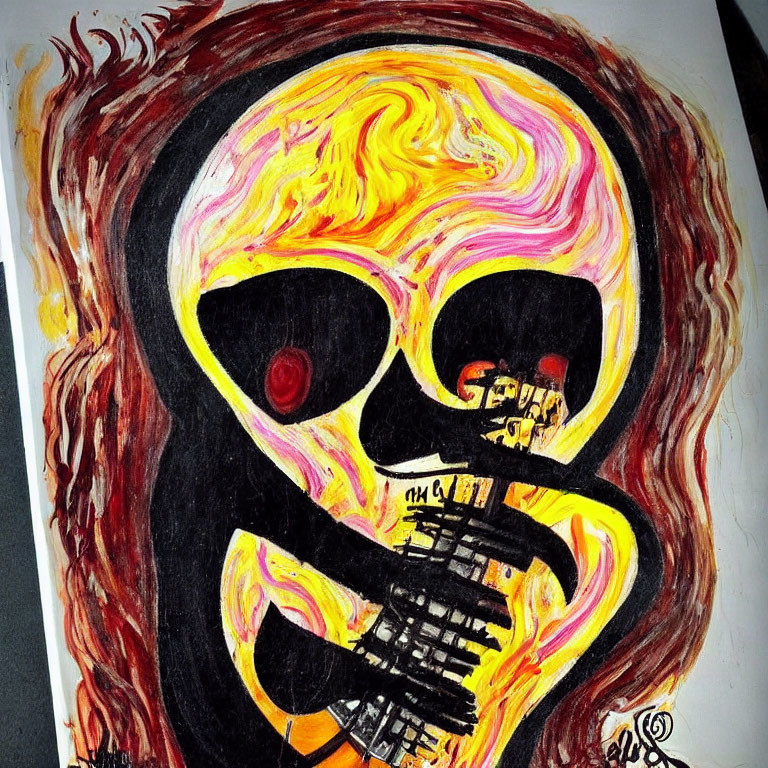 Colorful Skull Painting with Guitar and Fiery Hair